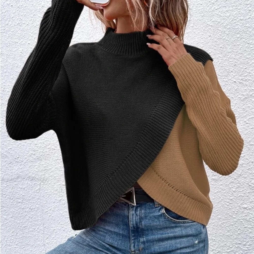 New Two Tone Overlap Hem Sweater